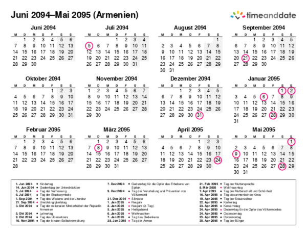 Kalender für 2094 in Armenien
