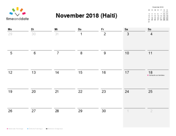 Kalender für 2018 in Haiti