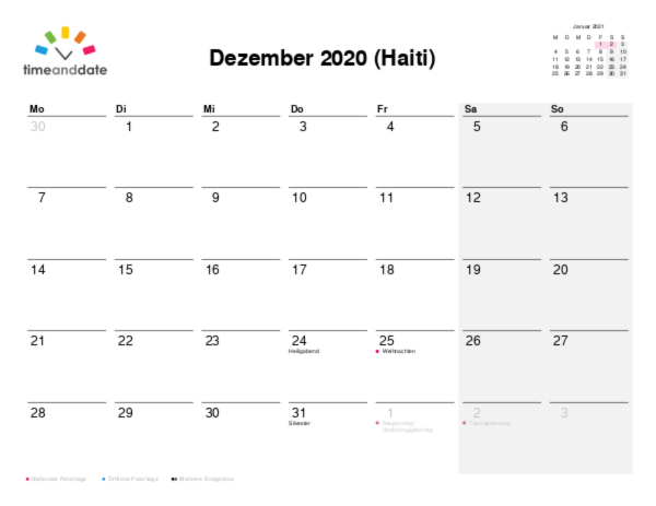 Kalender für 2020 in Haiti