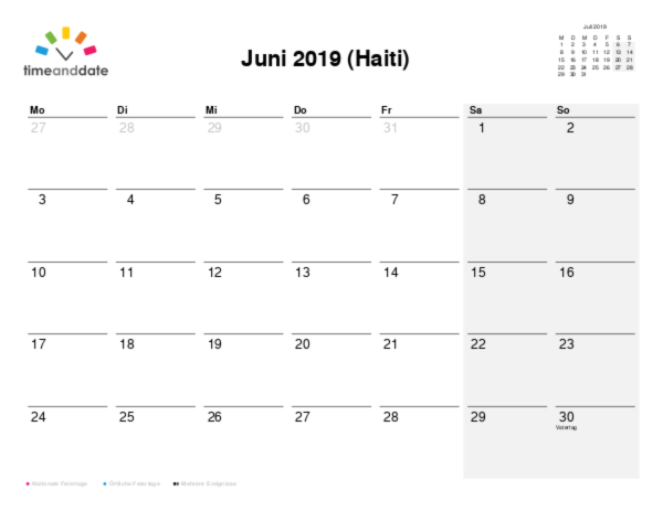 Kalender für 2019 in Haiti