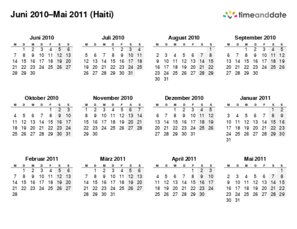 Kalender für 2010 in Haiti