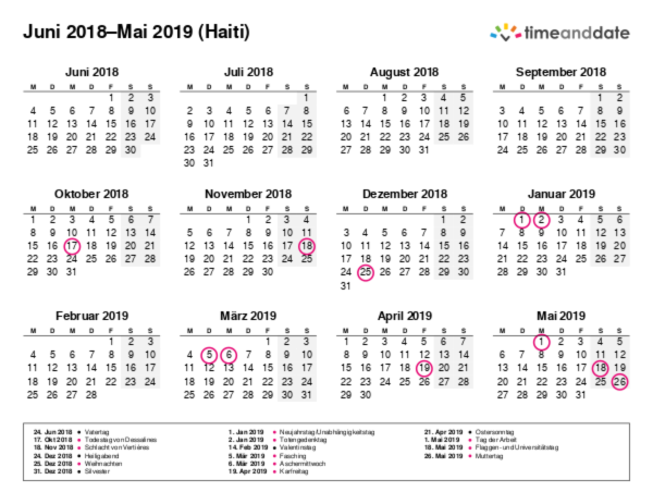 Kalender für 2018 in Haiti