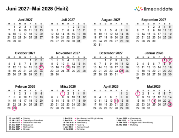 Kalender für 2027 in Haiti