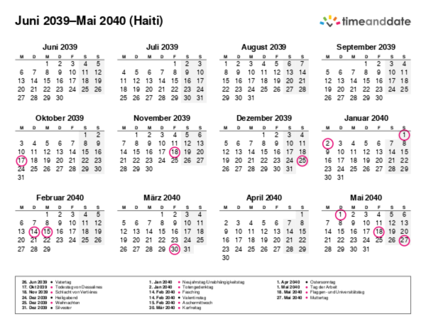 Kalender für 2039 in Haiti