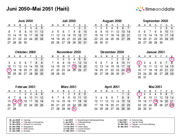Kalender für 2050 in Haiti