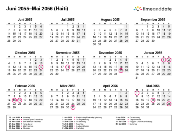 Kalender für 2055 in Haiti
