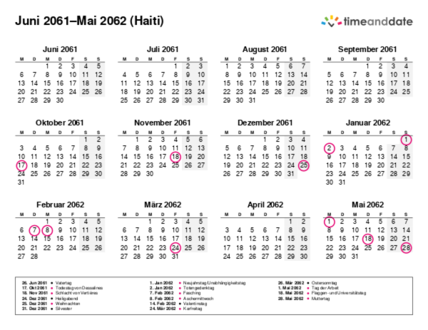 Kalender für 2061 in Haiti