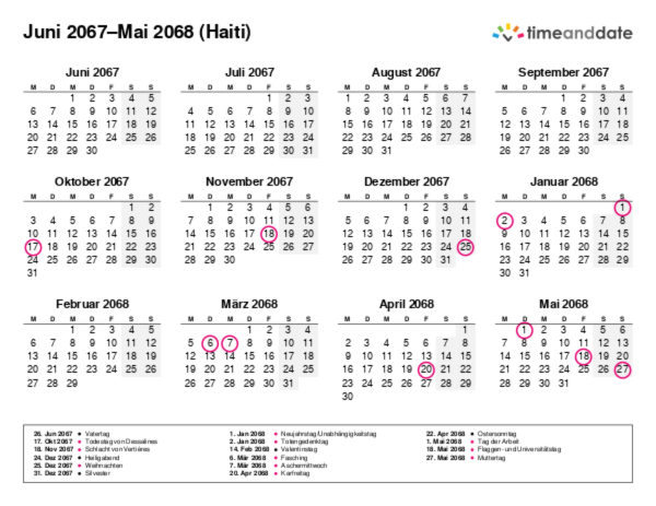 Kalender für 2067 in Haiti