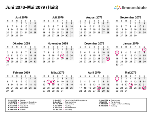 Kalender für 2078 in Haiti