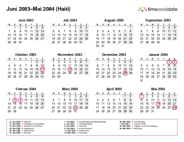 Kalender für 2083 in Haiti
