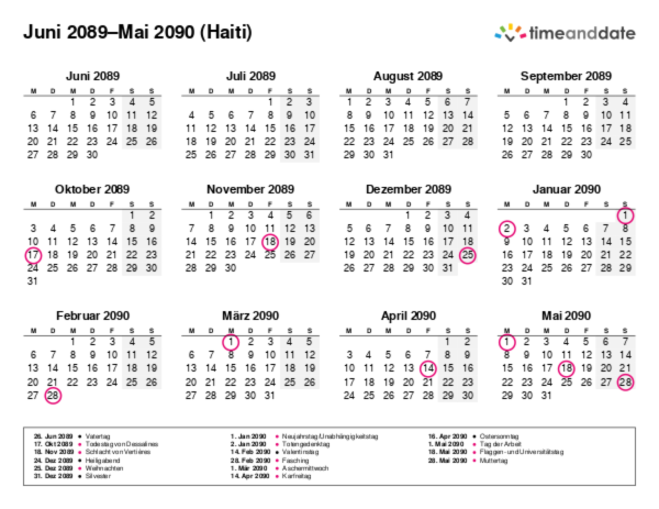 Kalender für 2089 in Haiti