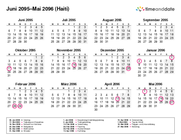 Kalender für 2095 in Haiti
