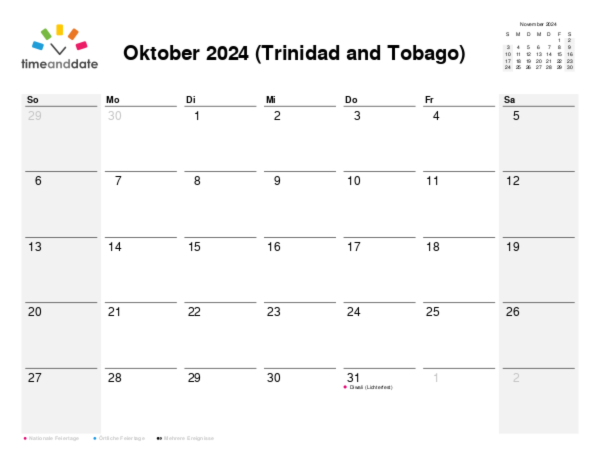 Kalender für 2024 in Trinidad and Tobago