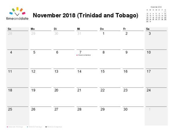 Kalender für 2018 in Trinidad and Tobago