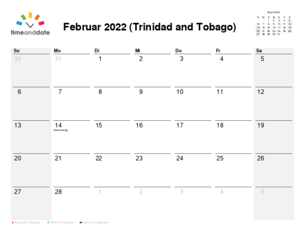 Kalender für 2022 in Trinidad and Tobago