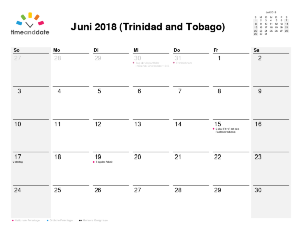 Kalender für 2018 in Trinidad and Tobago