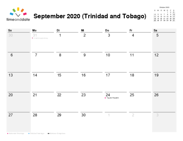 Kalender für 2020 in Trinidad and Tobago
