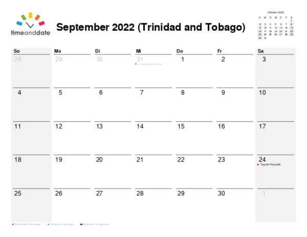 Kalender für 2022 in Trinidad and Tobago
