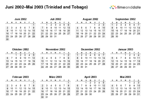 Kalender für 2002 in Trinidad and Tobago