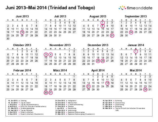 Kalender für 2013 in Trinidad and Tobago