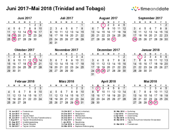 Kalender für 2017 in Trinidad and Tobago