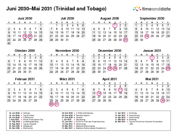 Kalender für 2030 in Trinidad and Tobago