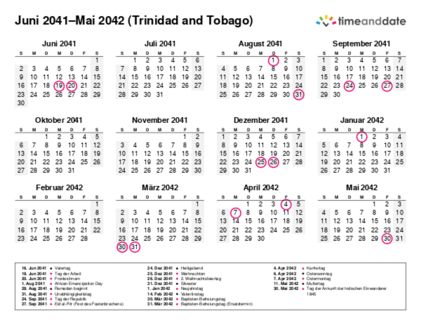 Kalender für 2041 in Trinidad and Tobago