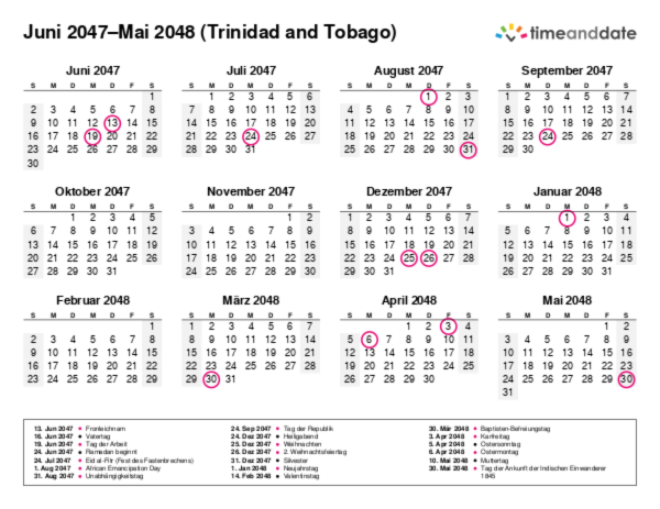 Kalender für 2047 in Trinidad and Tobago