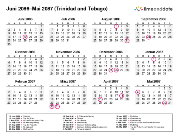 Kalender für 2086 in Trinidad and Tobago