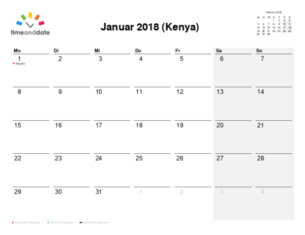 Kalender für 2018 in Kenya