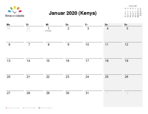 Kalender für 2020 in Kenya