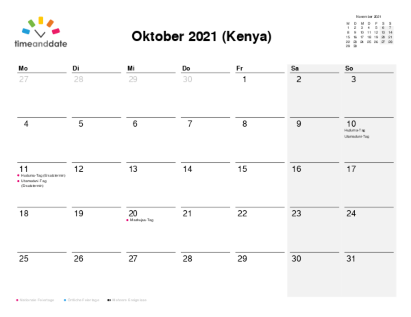 Kalender für 2021 in Kenya