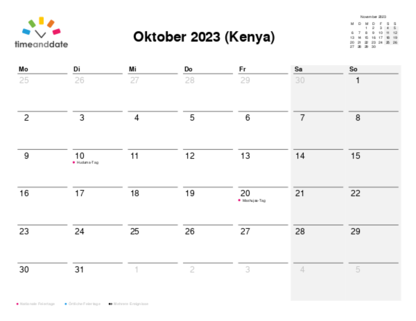 Kalender für 2023 in Kenya