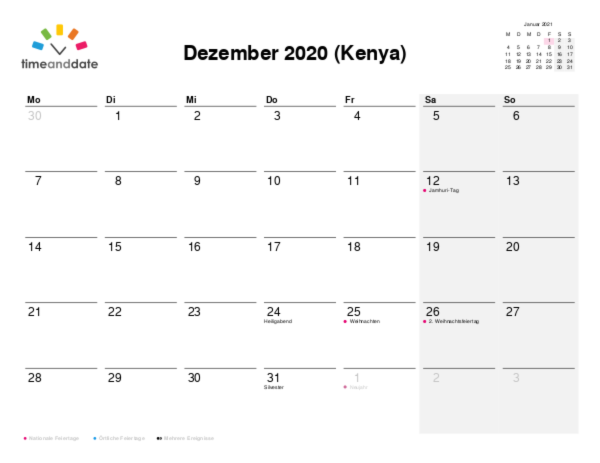 Kalender für 2020 in Kenya