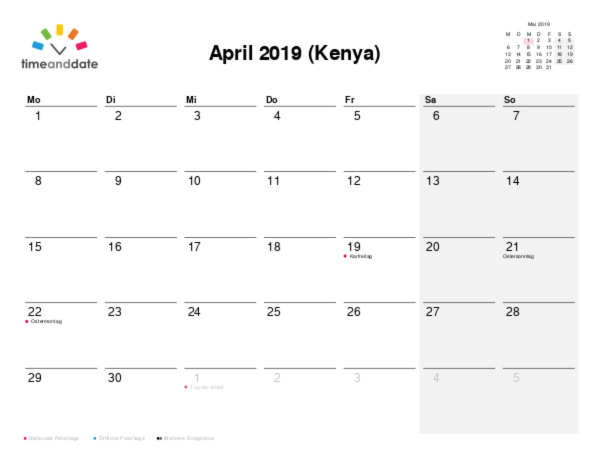 Kalender für 2019 in Kenya