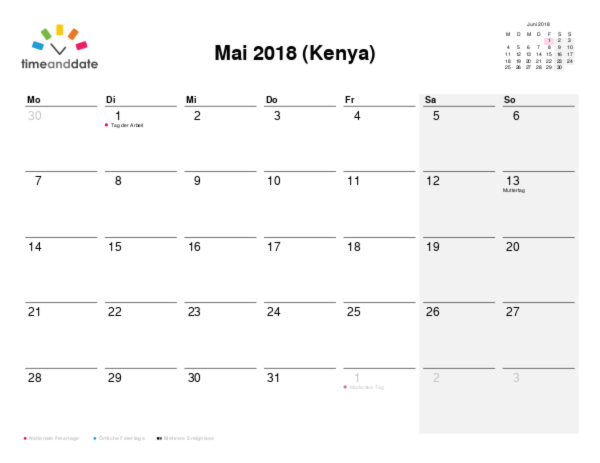 Kalender für 2018 in Kenya