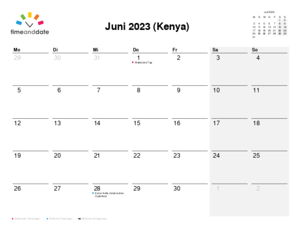 Kalender für 2023 in Kenya