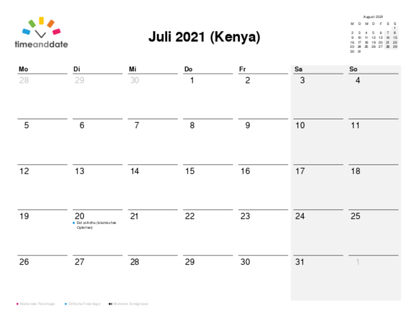 Kalender für 2021 in Kenya