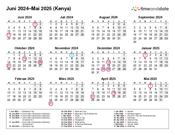 Kalender für 2024 in Kenya