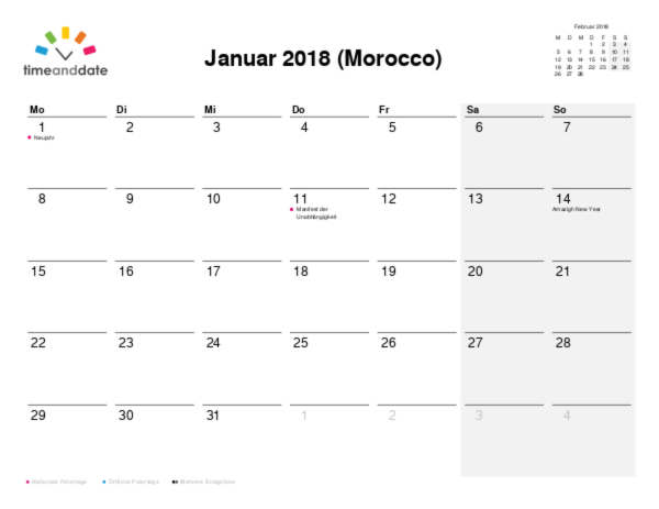 Kalender für 2018 in Morocco
