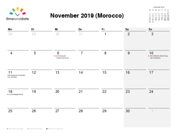 Kalender für 2019 in Morocco