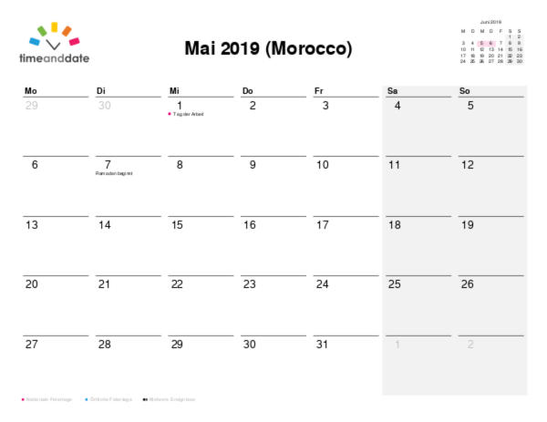 Kalender für 2019 in Morocco