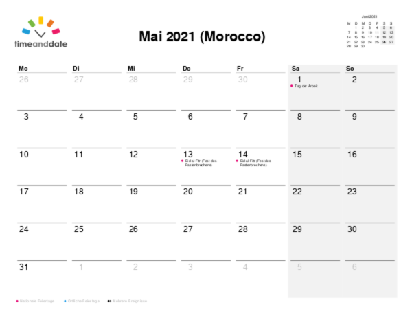 Kalender für 2021 in Morocco