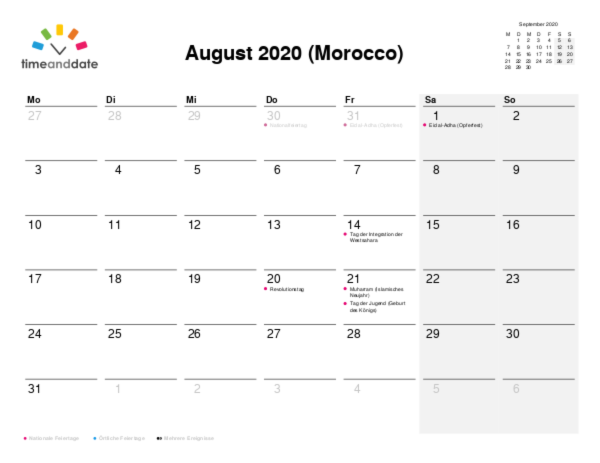 Kalender für 2020 in Morocco