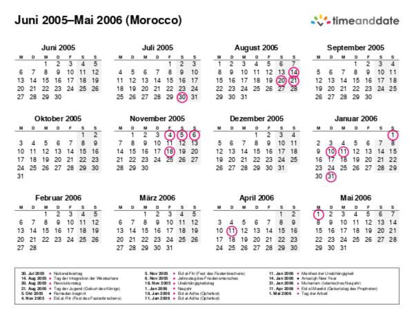 Kalender für 2005 in Morocco
