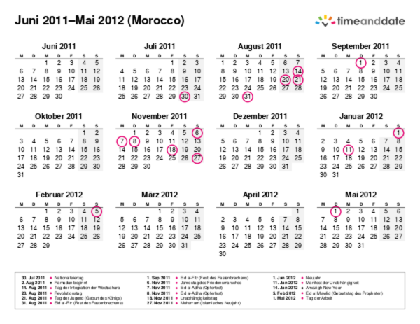 Kalender für 2011 in Morocco