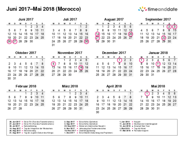 Kalender für 2017 in Morocco