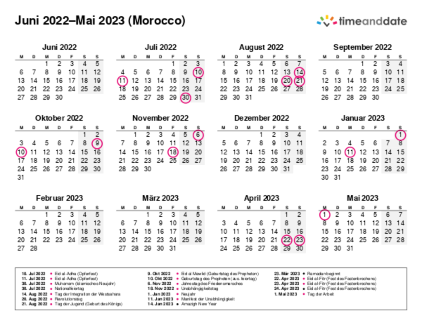 Kalender für 2022 in Morocco