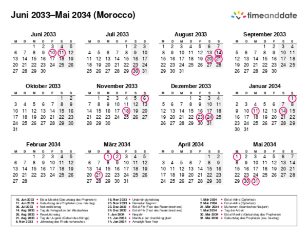 Kalender für 2033 in Morocco