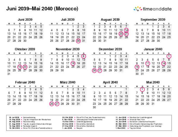 Kalender für 2039 in Morocco